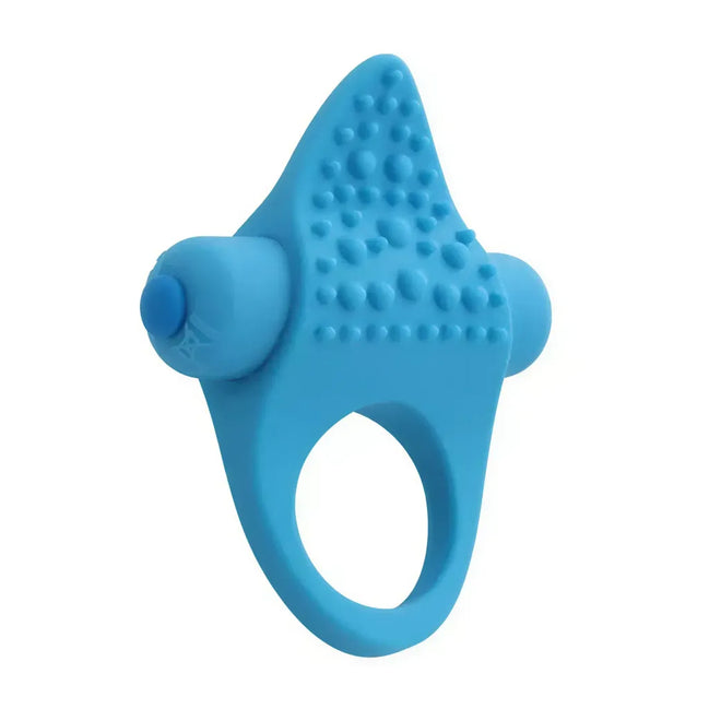 Amore vibrating cock ring in blue silicone with textured surface and two vibrating nodes.