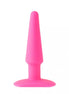 Silicone butt plug in bright pink, 12.6 cm long, featuring a tapered tip and a flared base for safety.