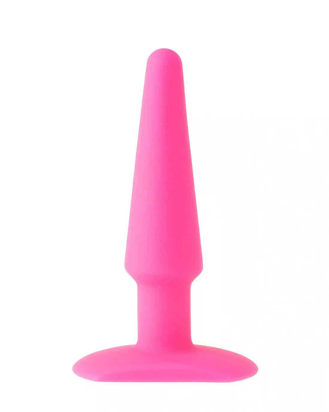 Silicone butt plug in bright pink, 12.6 cm long, featuring a tapered tip and a flared base for safety.
