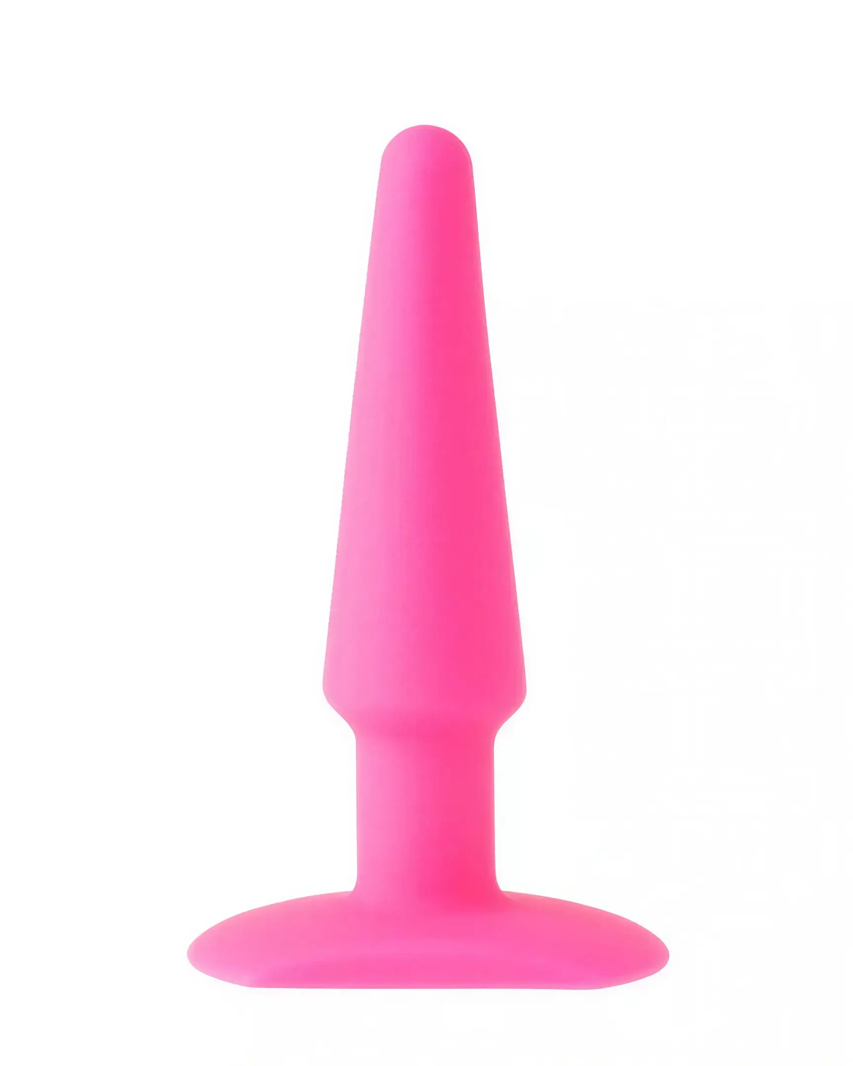 Silicone butt plug in bright pink, 12.6 cm long, featuring a tapered tip and a flared base for safety.
