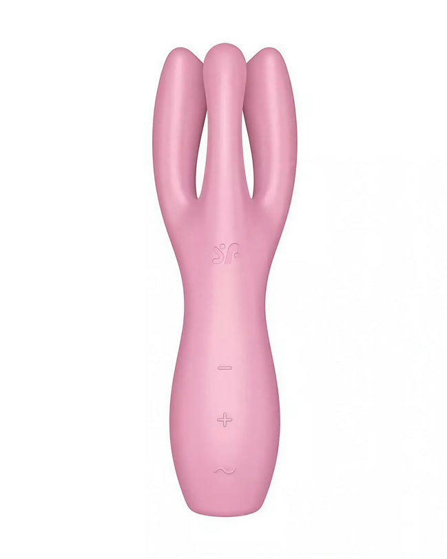 Satisfyer Threesome 3 in pink, featuring a curved design and control buttons on the shaft.