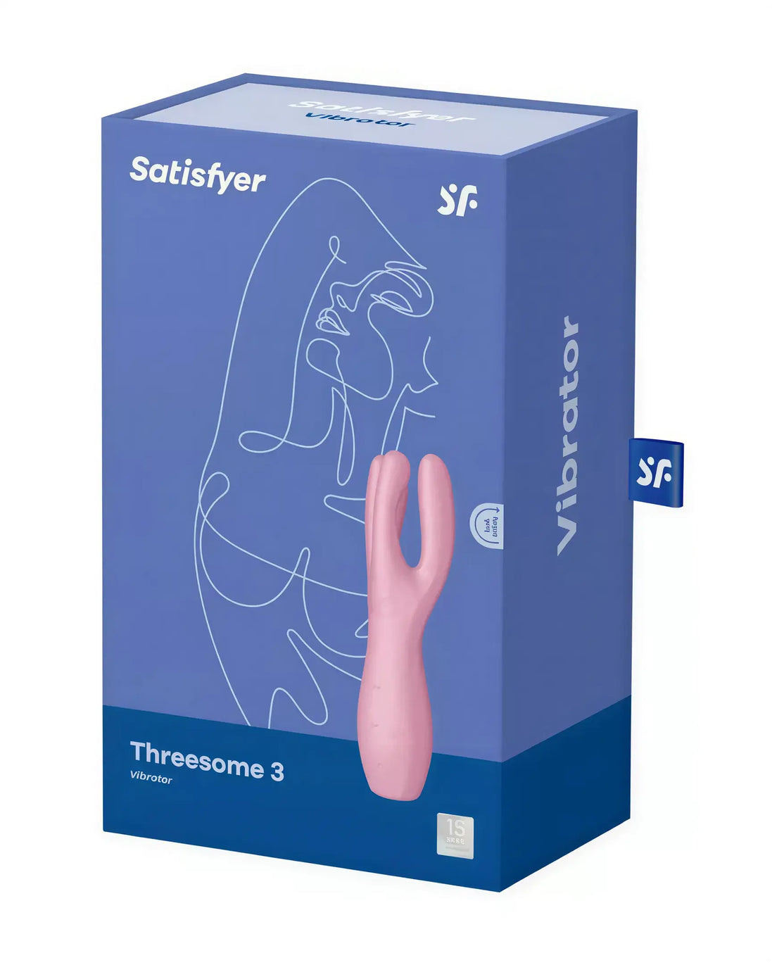Satisfyer Threesome 3 vibrator in a pink color, displayed in a blue box featuring line art design.