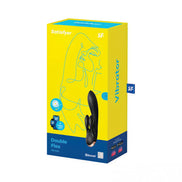 Satisfyer Double Flex vibrator in a yellow box with blue accents and line art design, featuring Bluetooth connectivity.