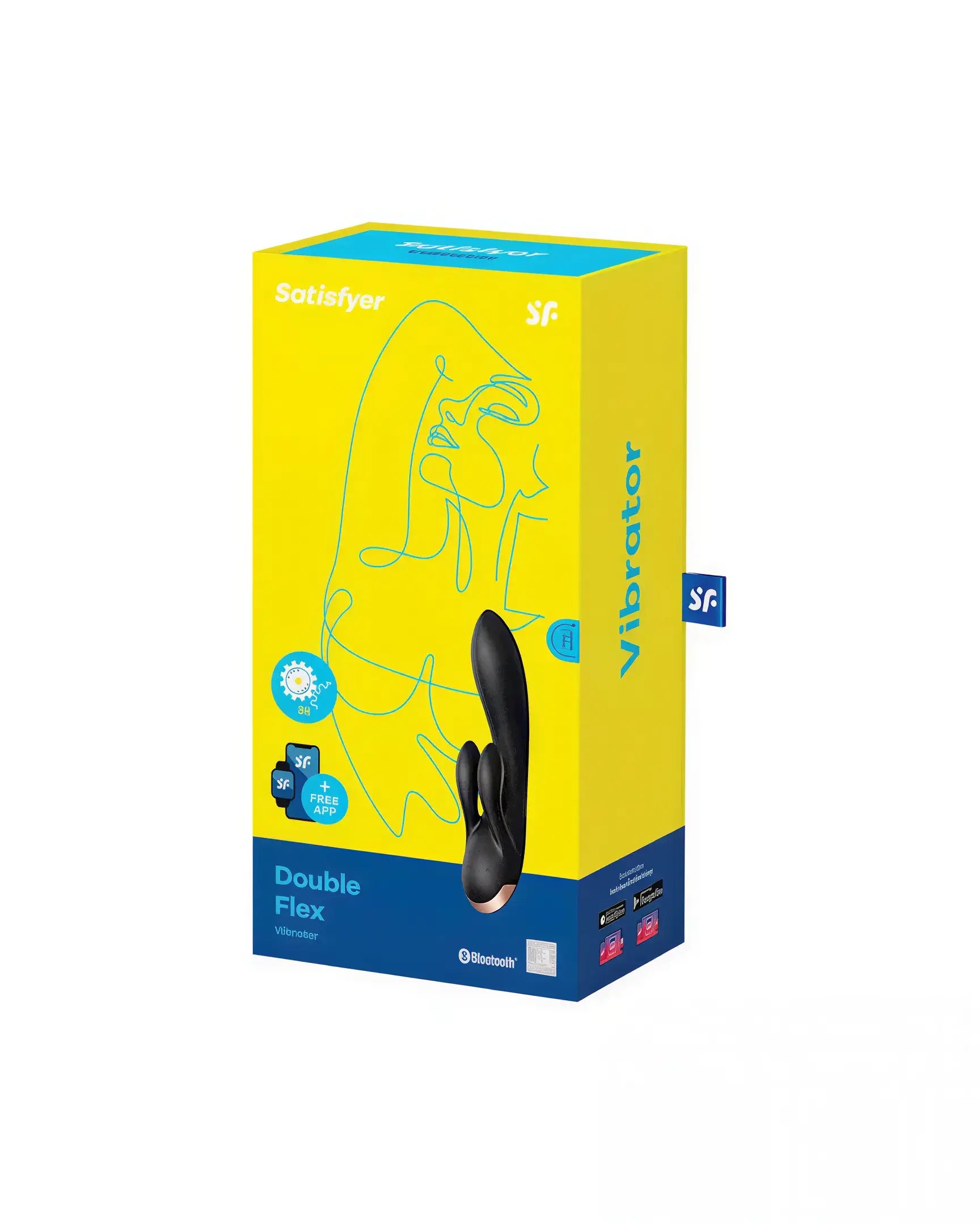 Satisfyer Double Flex vibrator in a yellow box with blue accents and line art design, featuring Bluetooth connectivity.