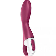 Satisfyer Heated Thrill, a sleek, curved vibrator in deep pink with a white control panel and buttons.