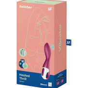 Satisfyer Heated Thrill vibrator in a pink and white box with app connectivity and line art design.