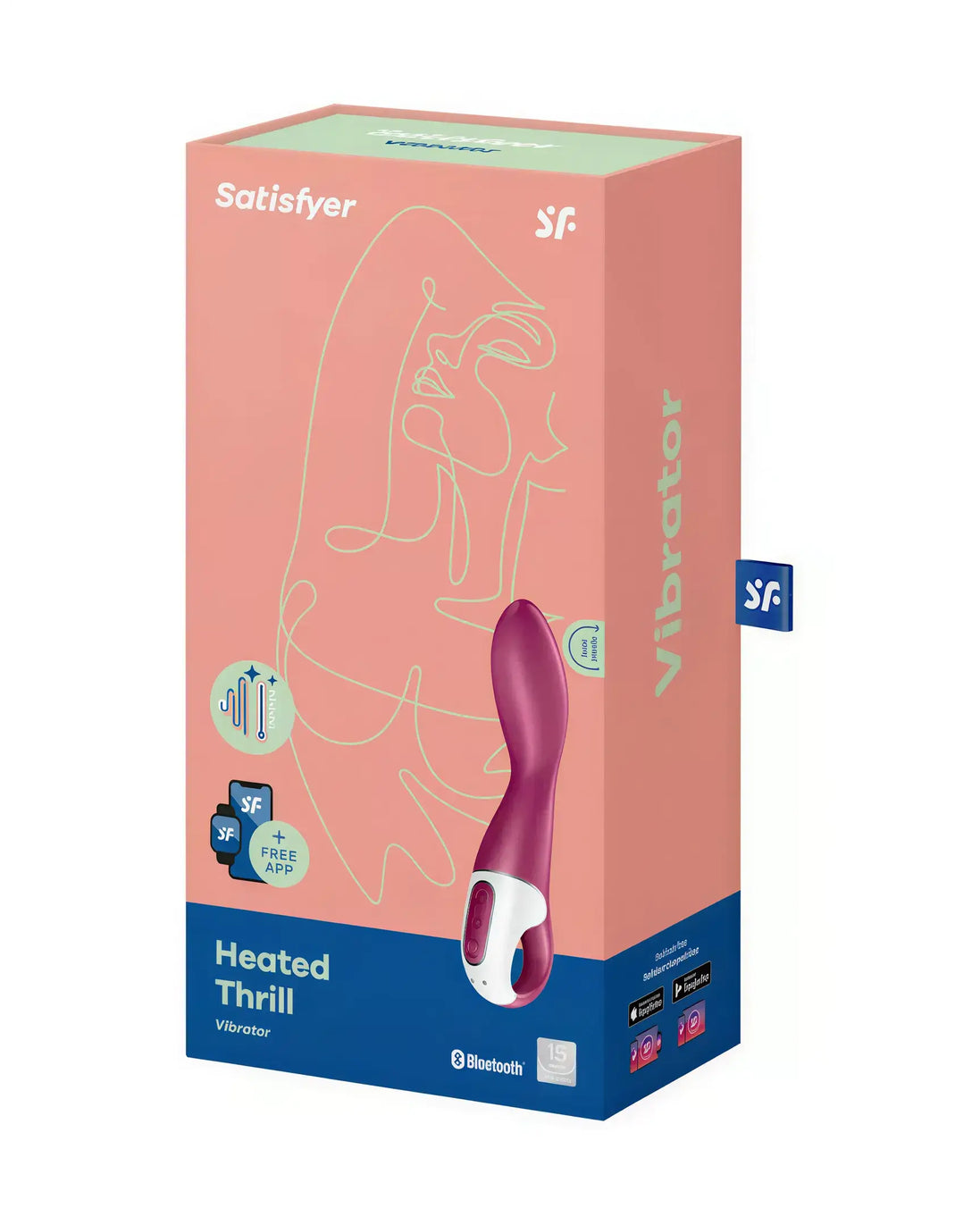 Satisfyer Heated Thrill vibrator in a pink and white box with app connectivity and line art design.