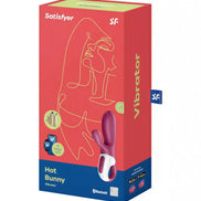 Satisfyer Hot Bunny vibrator in a colorful box featuring a minimalist design and Bluetooth compatibility details.