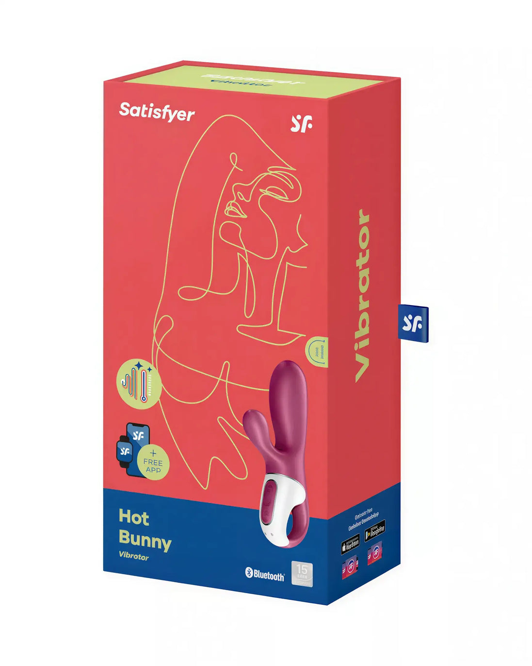 Satisfyer Hot Bunny vibrator in a colorful box featuring a minimalist design and Bluetooth compatibility details.