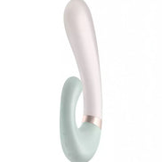 Satisfyer Heat Wave in white and mint green, featuring a curved design with control buttons on the base.