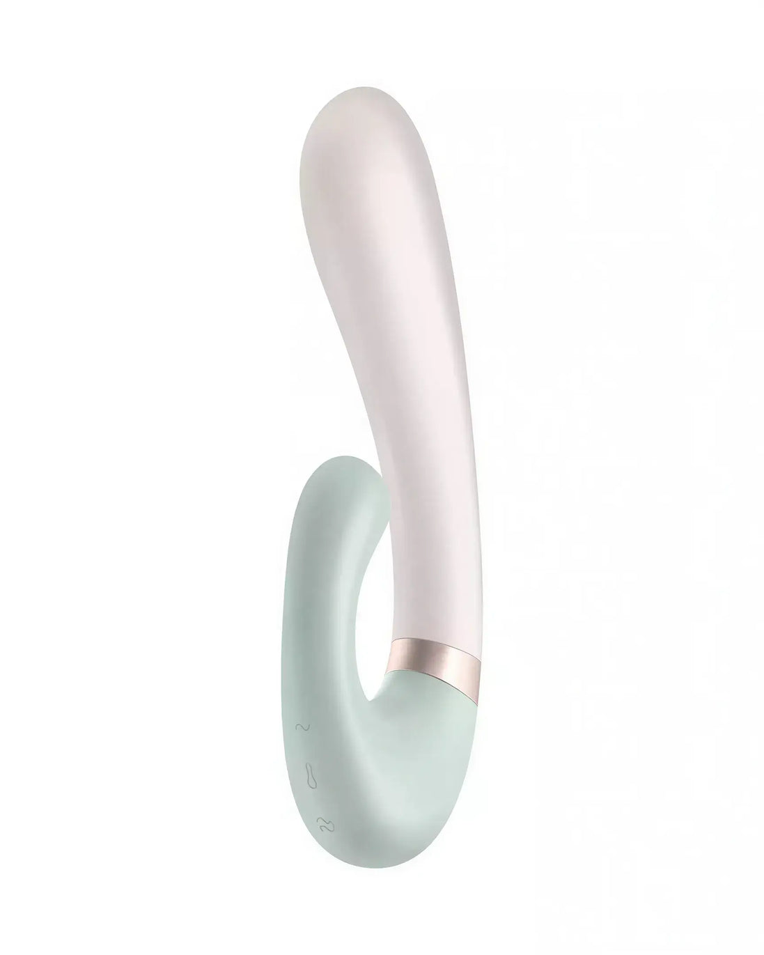 Satisfyer Heat Wave in white and mint green, featuring a curved design with control buttons on the base.