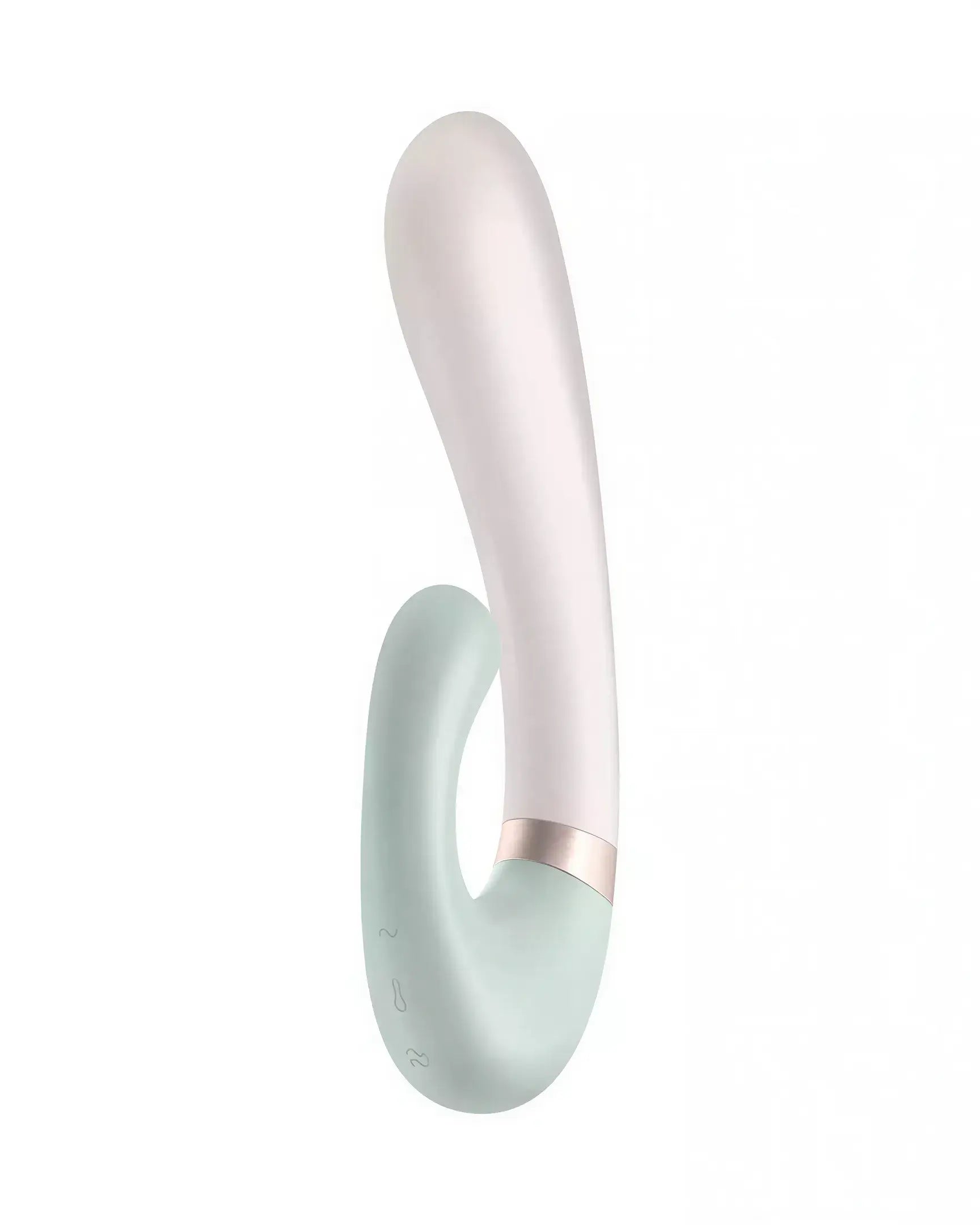 Satisfyer Heat Wave in white and mint green, featuring a curved design with control buttons on the base.