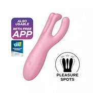 Satisfyer Threesome 4 in pink, featuring dual stimulation design and app compatibility, labeled with pleasure spots icon.