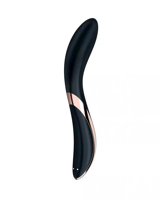 Satisfyer Rrrolling Explosion in black with a rose gold accent, featuring a sleek, curved design for ergonomic use.