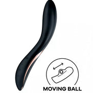 Satisfyer Rrrolling Explosion, a sleek black vibrator with a moving ball feature and rose gold accents.