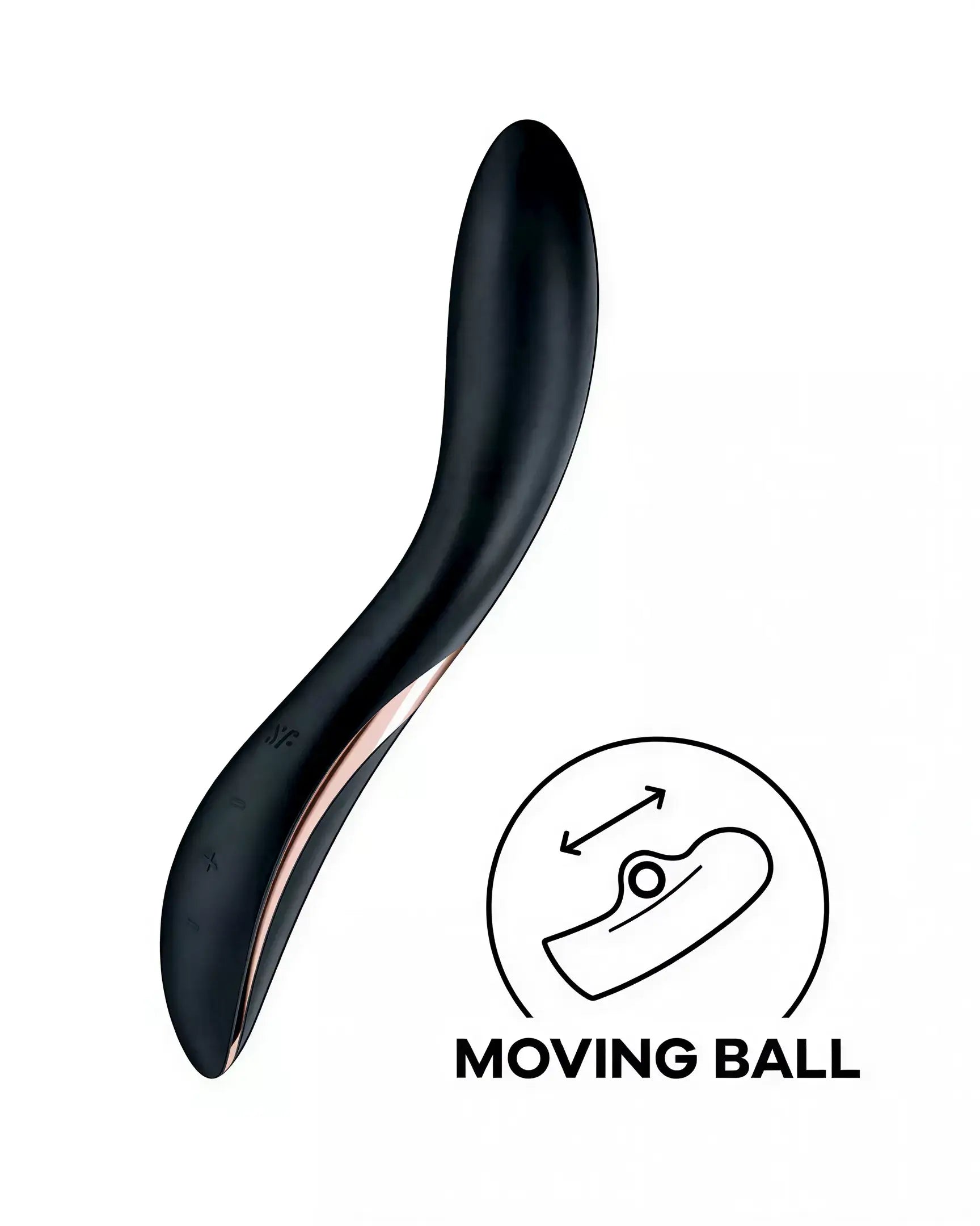 Satisfyer Rrrolling Explosion, a sleek black vibrator with a moving ball feature and rose gold accents.