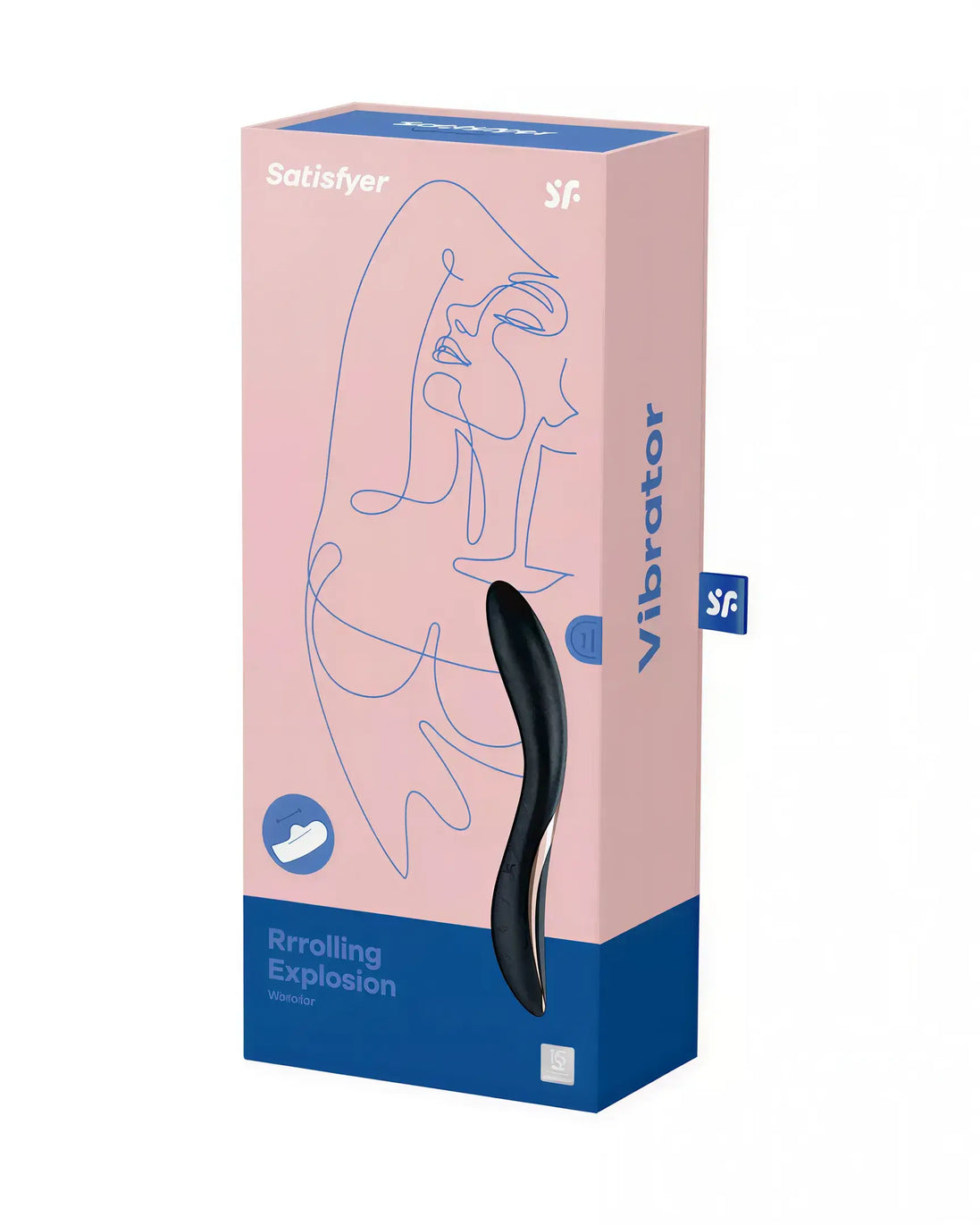 Satisfyer Rrrolling Explosion vibrator in a pink and blue box with abstract line art design.