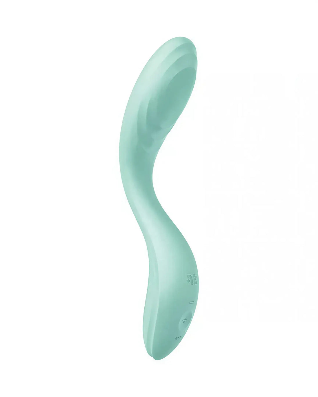 Satisfyer Rrrolling Pleasure in soft mint green with a curved design and textured surface for enhanced stimulation.