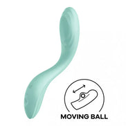 Satisfyer Rrrolling Pleasure in mint green with a curved design and a moving ball feature icon.