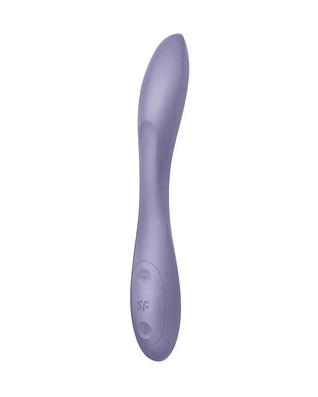 Satisfyer G-Spot Flex 2 in soft purple, featuring a curved design and control buttons on the handle.