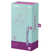 Satisfyer G-Spot Flex 2 vibrator in a teal and purple box with abstract line art and product details.