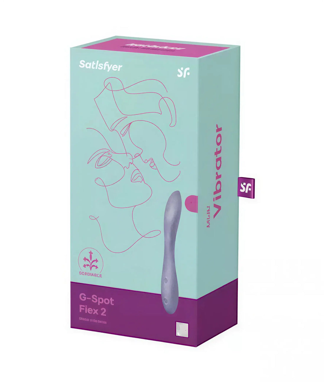 Satisfyer G-Spot Flex 2 vibrator in a teal and purple box with abstract line art and product details.