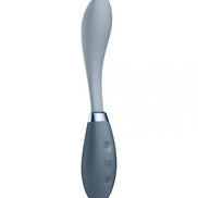 Satisfyer G-Spot Flex 3 in gray and silver, featuring a curved design and control buttons on the handle.