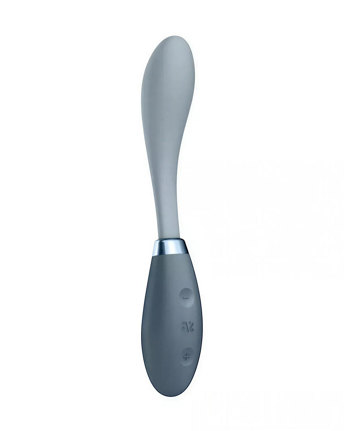 Satisfyer G-Spot Flex 3 in gray and silver, featuring a curved design and control buttons on the handle.