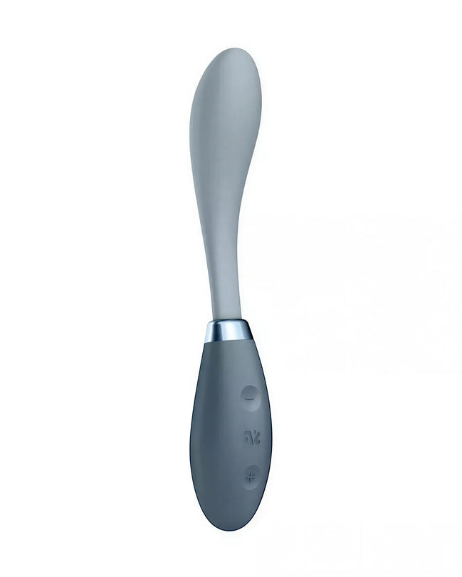 Satisfyer G-Spot Flex 3 in gray and silver, featuring a curved design and control buttons on the handle.