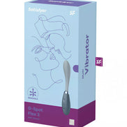 Satisfyer G-Spot Flex 3 vibrator in a light blue box with abstract line art and a gray handle.