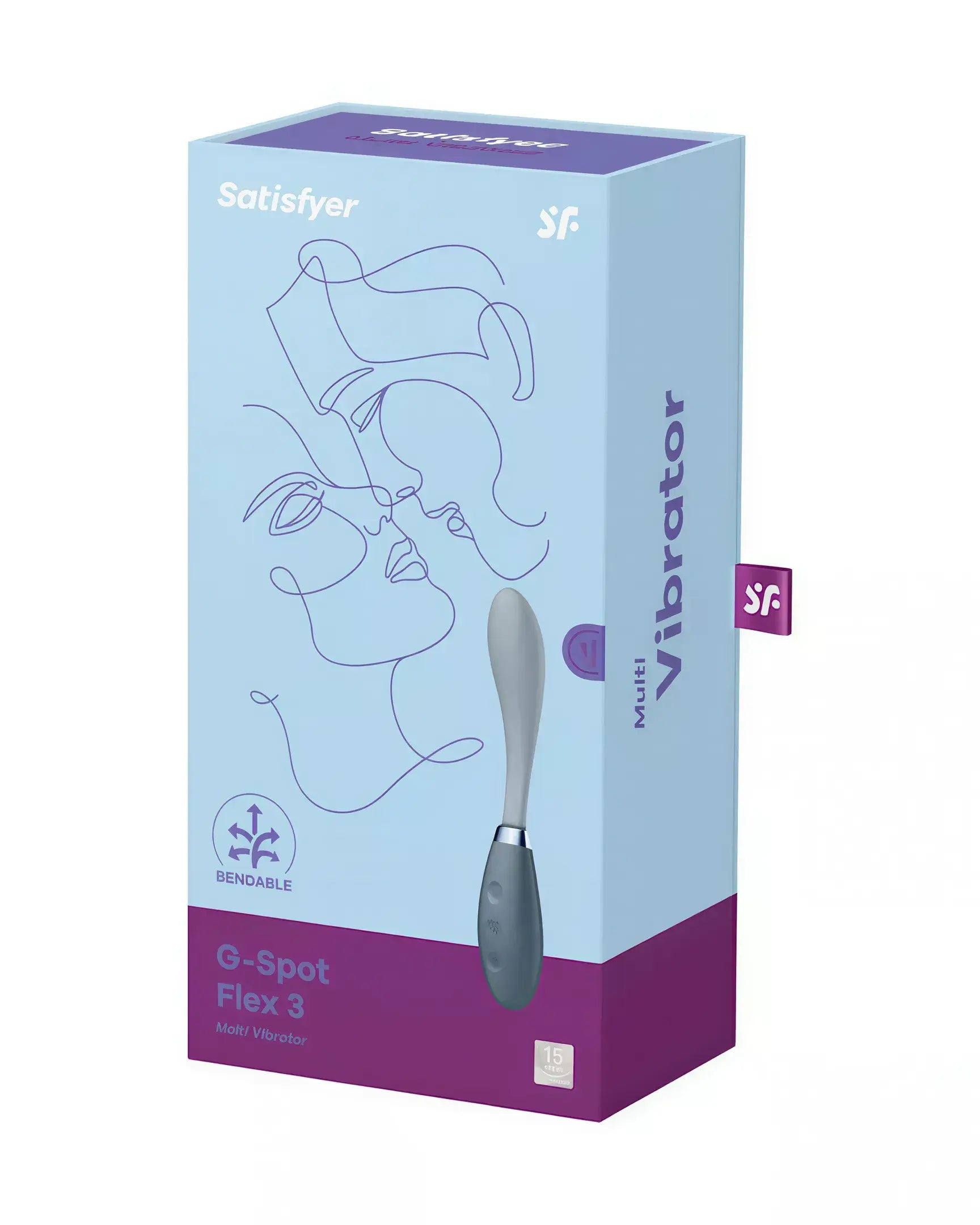 Satisfyer G-Spot Flex 3 vibrator in a light blue box with abstract line art and a gray handle.