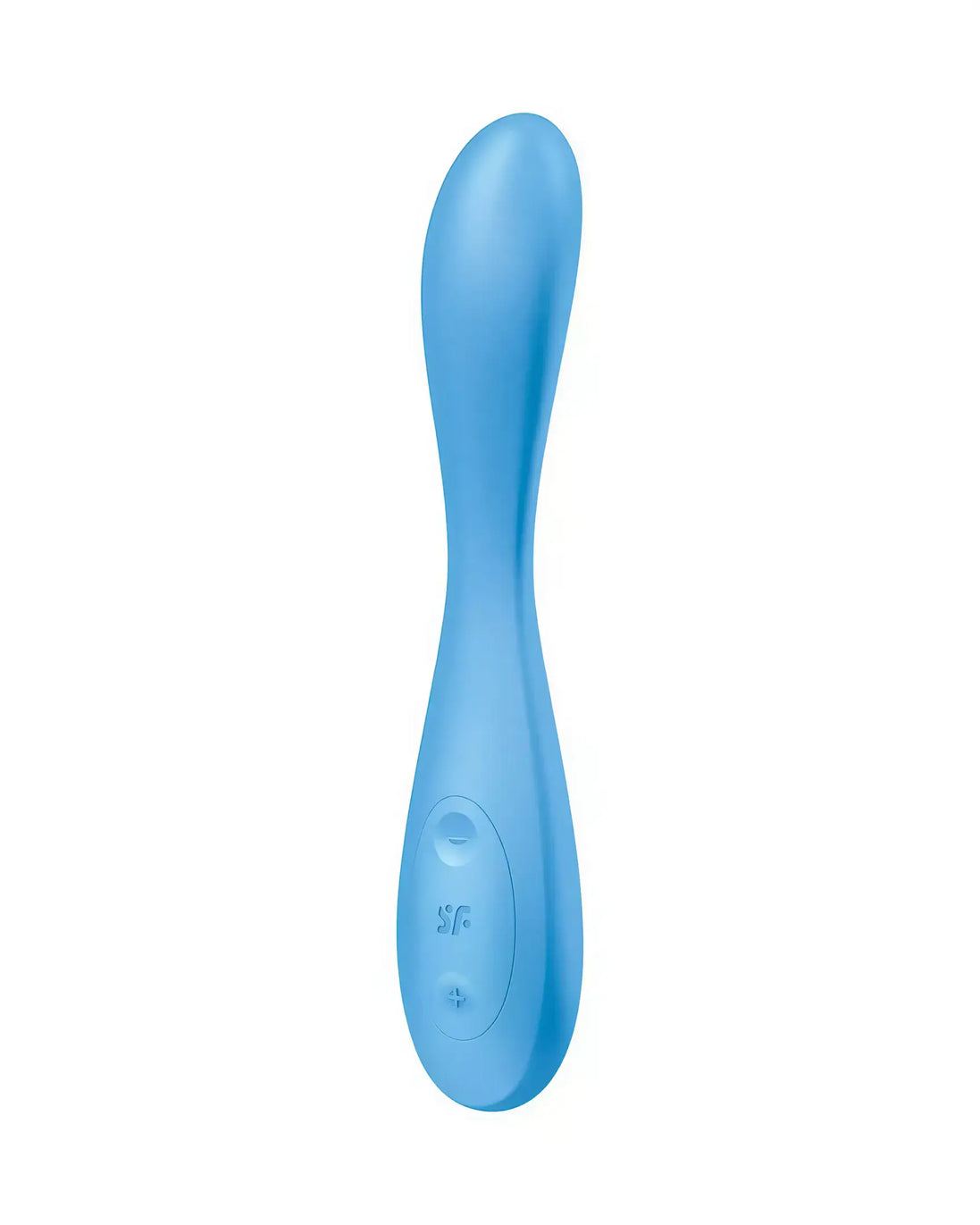 Satisfyer G-Spot Flex 4 in light blue, featuring a curved design and control buttons on the side.