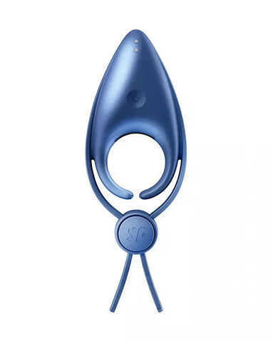 Satisfyer Sniper in blue, featuring a sleek, teardrop shape with a circular base and pull cord for easy handling.
