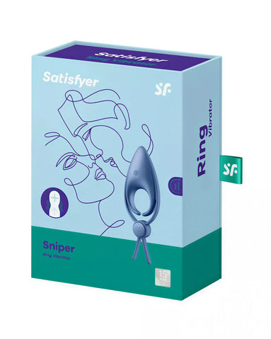 Satisfyer Sniper ring vibrator in blue packaging with abstract design and product details on the box.
