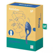 Satisfyer Swordsman product packaging in blue and yellow, featuring a minimalist design and a pull tab for easy opening.
