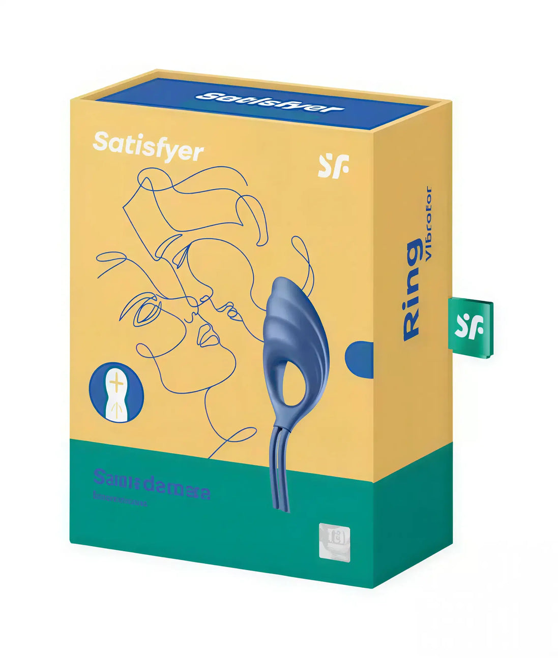 Satisfyer Swordsman product packaging in blue and yellow, featuring a minimalist design and a pull tab for easy opening.