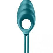 Satisfyer Swordsman in teal, featuring a curved design with a circular handle and two elongated prongs.
