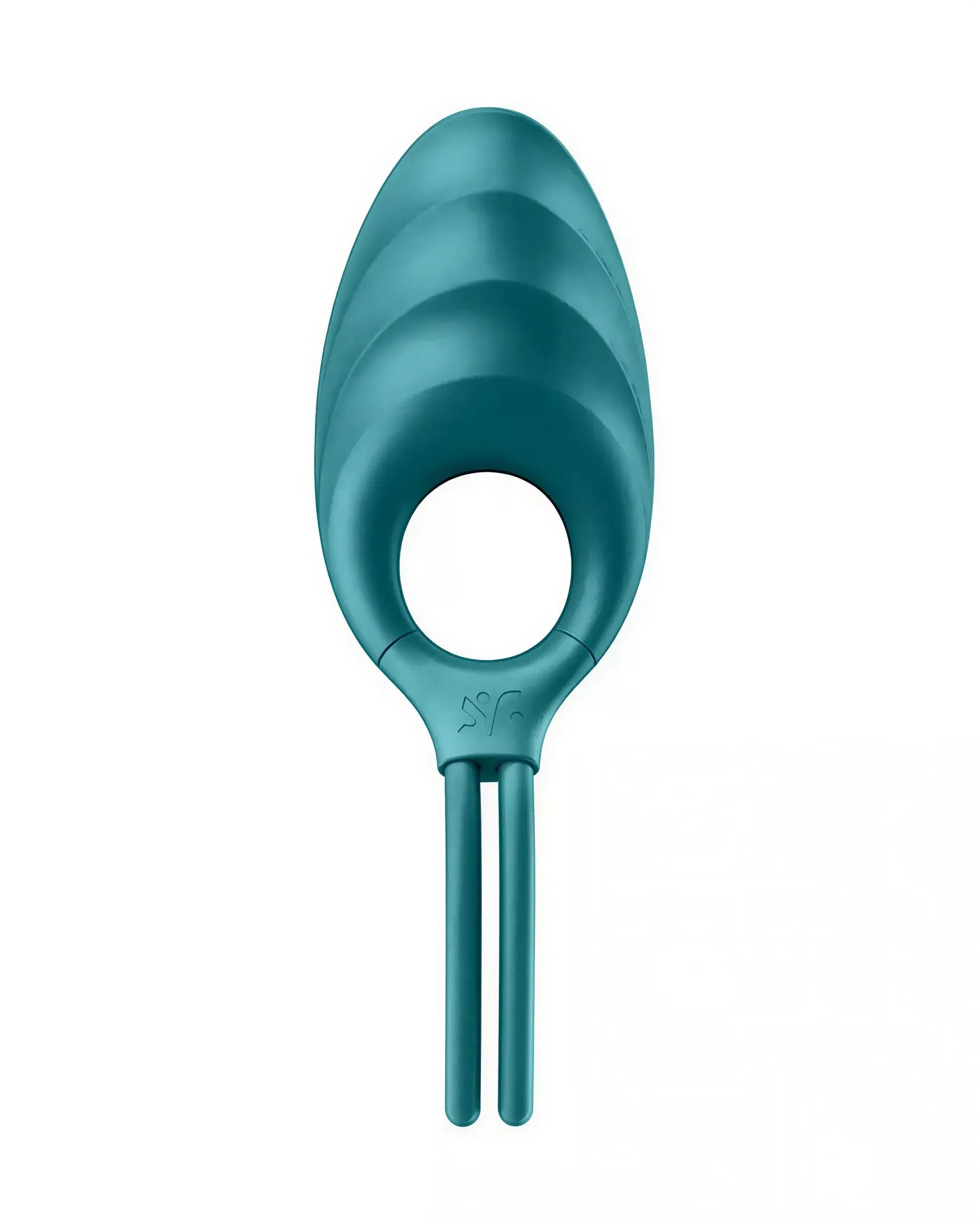 Satisfyer Swordsman in teal, featuring a curved design with a circular handle and two elongated prongs.