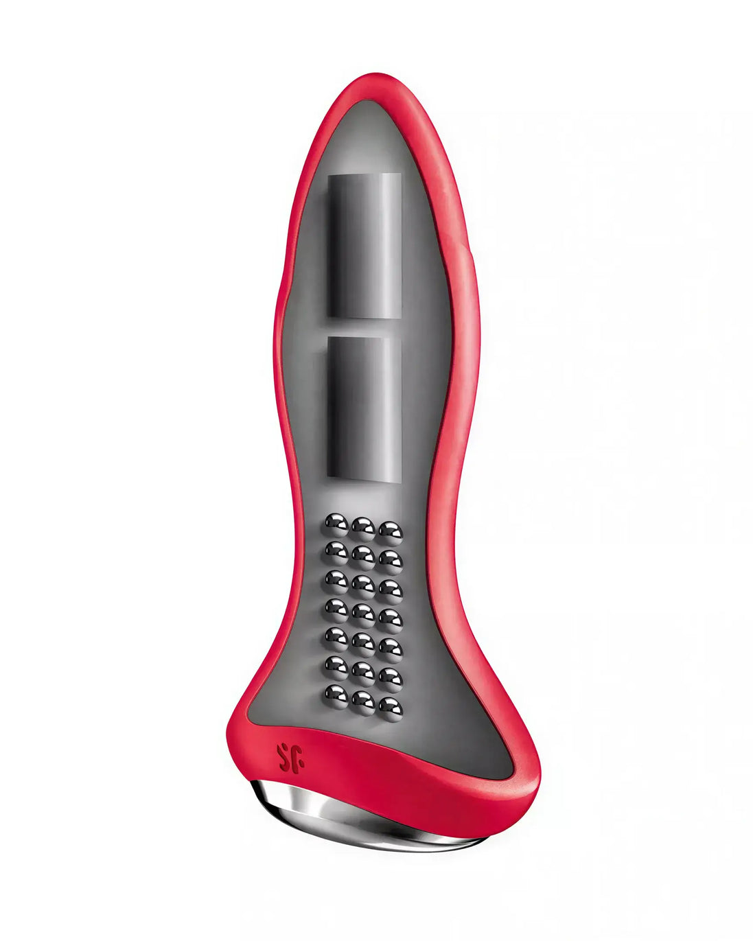 Satisfyer Rotator Plug 1 in red and gray, featuring a sleek design with a rounded tip and textured base.