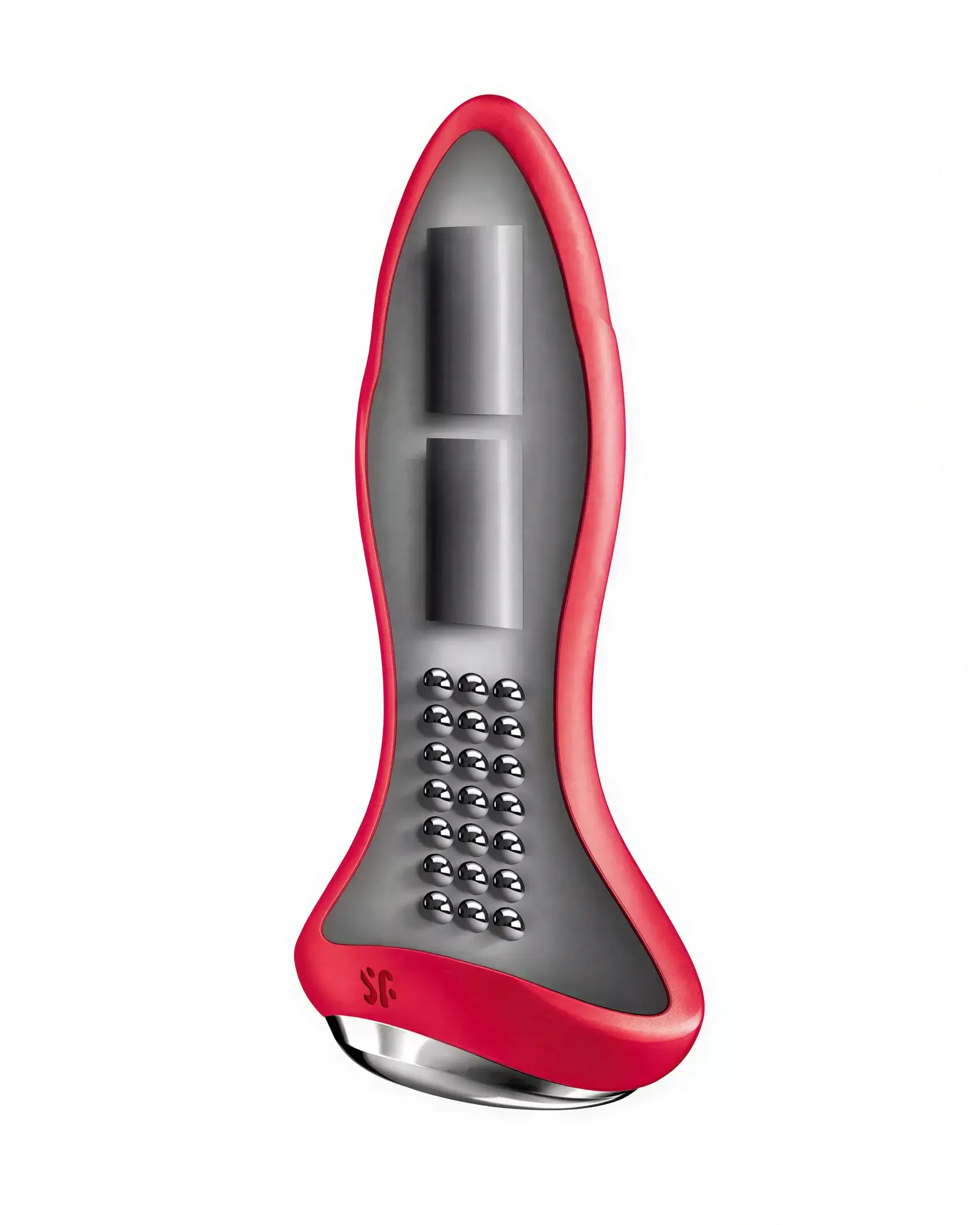 Satisfyer Rotator Plug 1 in red and gray, featuring a sleek design with a rounded tip and textured base.