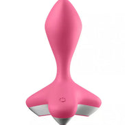 Satisfyer Game Changer in pink silicone with a sleek design and silver accents, featuring a button on the base.