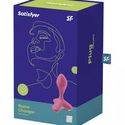 Satisfyer Game Changer in pink, displayed in a blue and green box with line art design and product details.