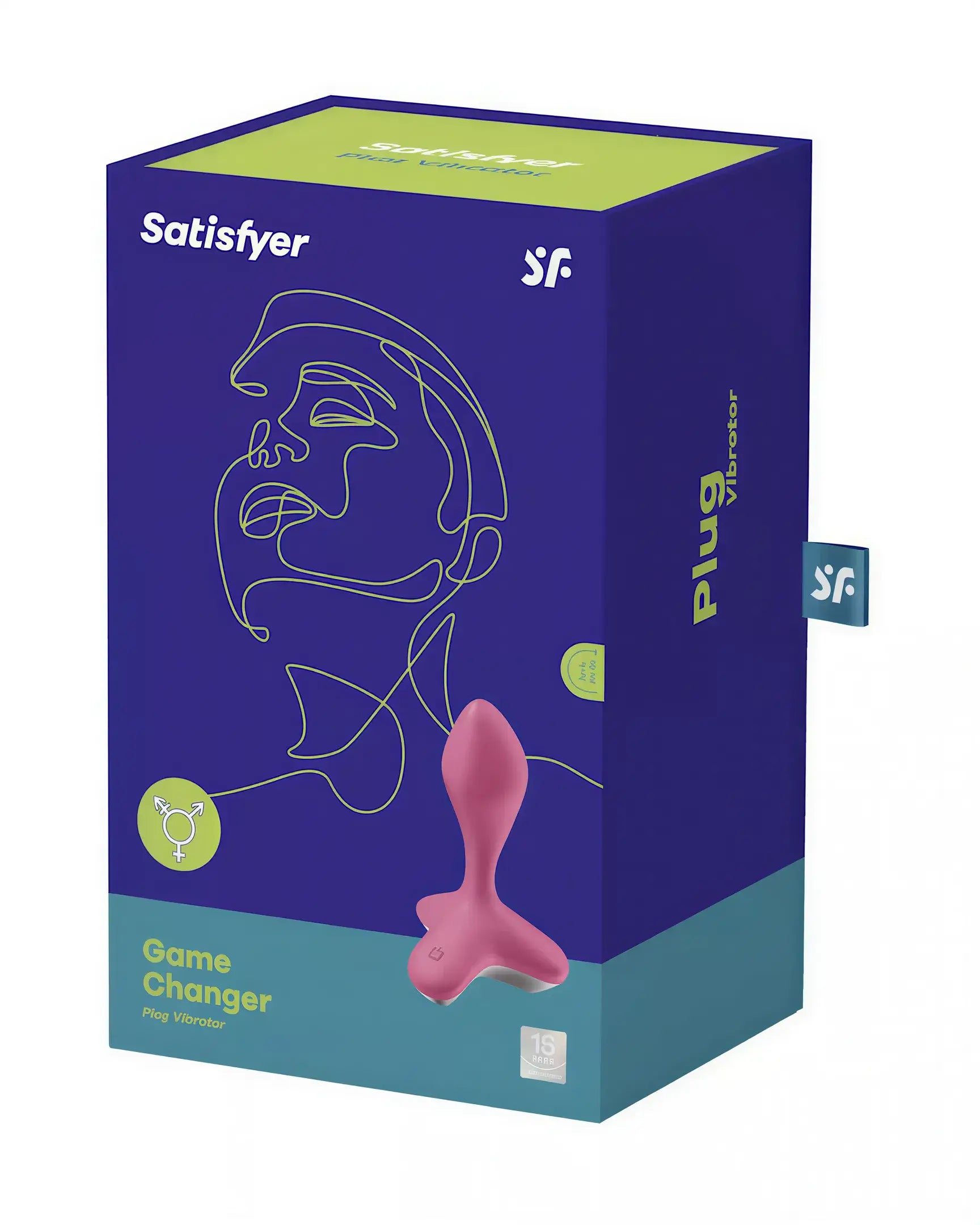 Satisfyer Game Changer in pink, displayed in a blue and green box with line art design and product details.