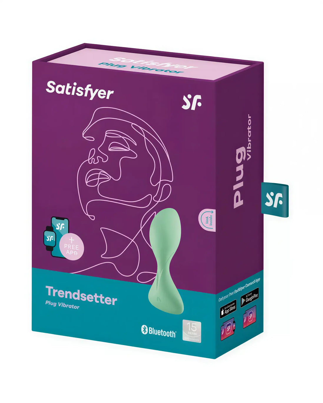 Satisfyer Trendsetter plug vibrator in a purple box featuring a minimalist face design and Bluetooth compatibility.