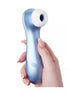 Satisfyer Pro 2 Generation 2 in hand, featuring a sleek blue body and white silicone tip.