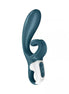 Satisfyer Hug Me in teal and white, featuring a curved design and control buttons on the base.