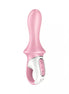 Satisfyer Air Pump Booty 5 in pink and white, featuring a curved design and control buttons on the handle.