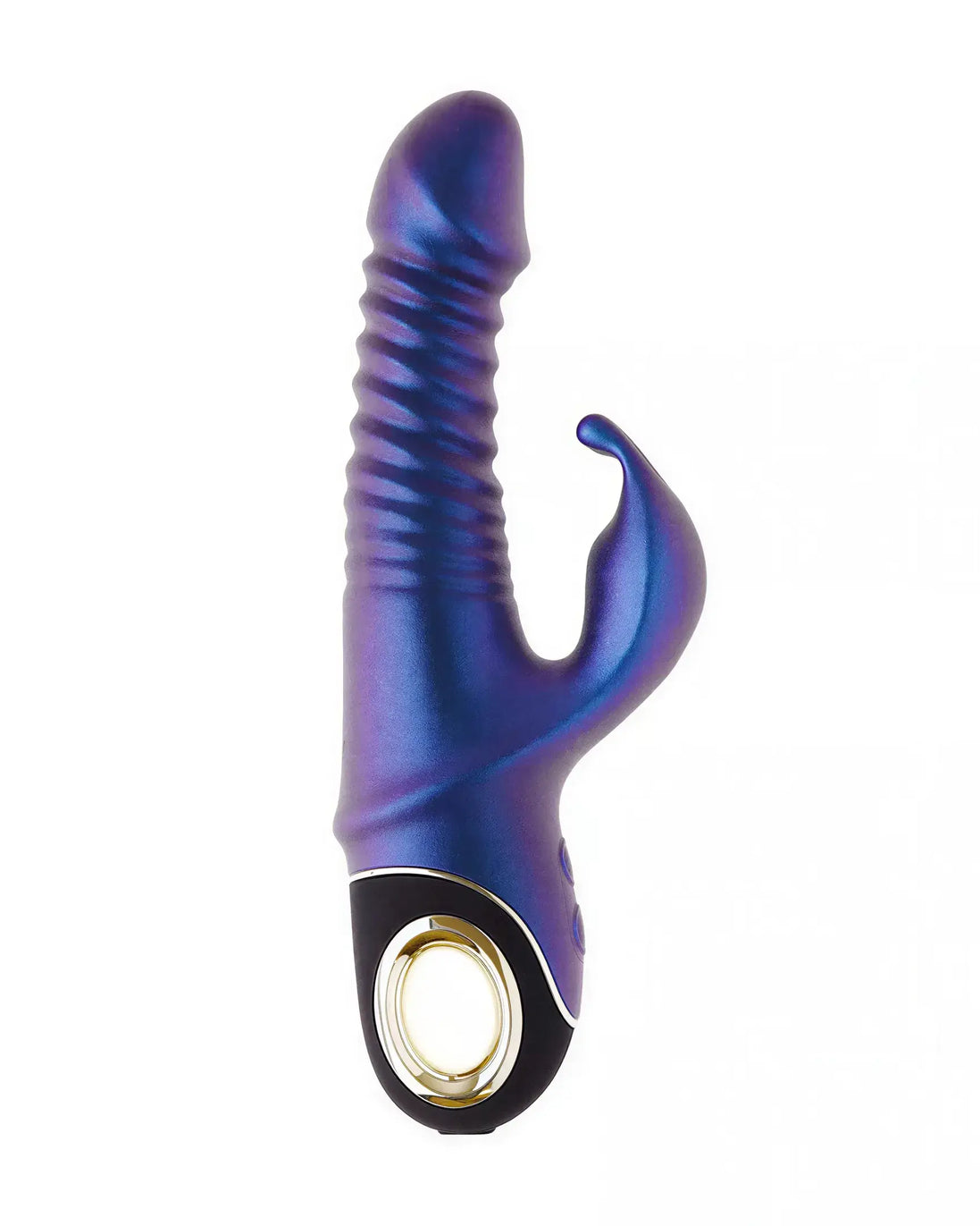 Galactic thrusting rabbit vibrator in purple with ribbed shaft and curved tip, featuring a gold accent at the base.