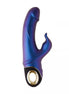 Celestial rabbit vibrator in a gradient blue finish with a gold accent and curved design for targeted stimulation.