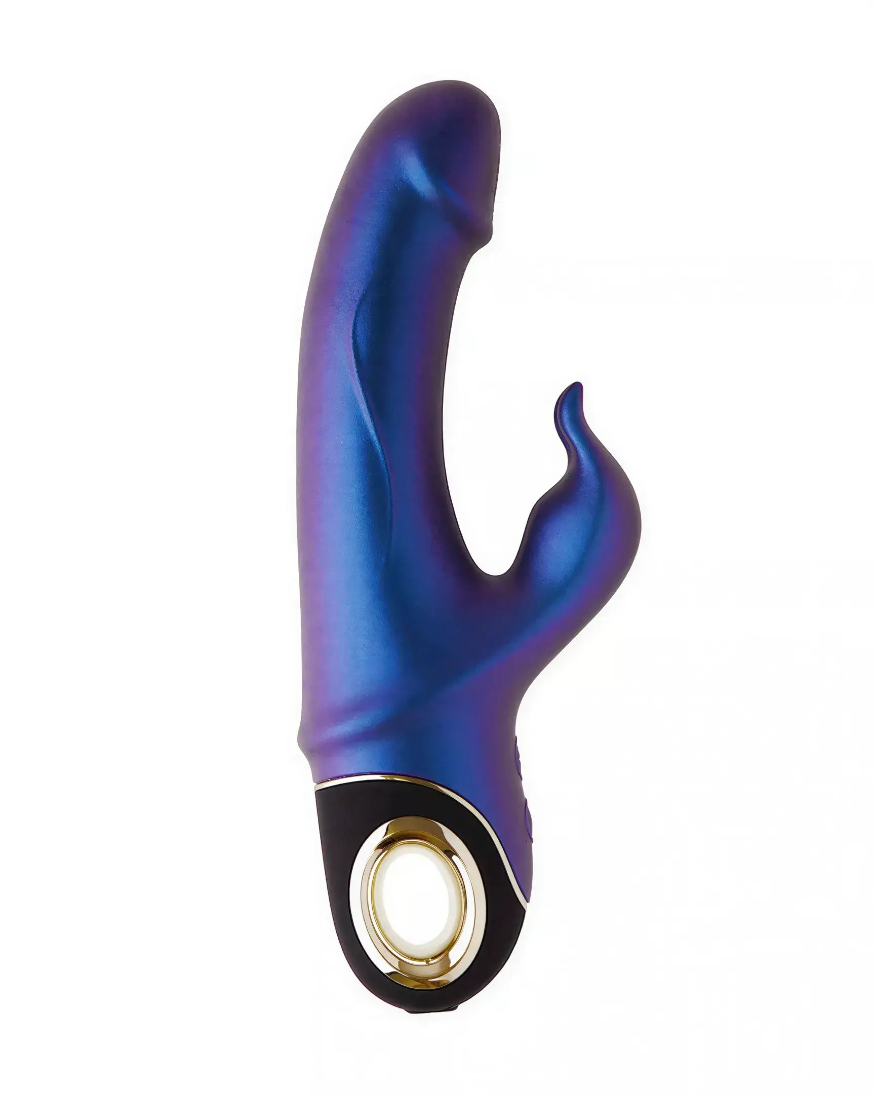 Celestial rabbit vibrator in a gradient blue finish with a gold accent and curved design for targeted stimulation.